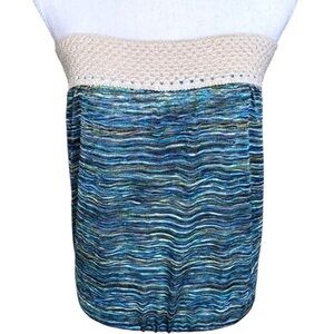 Elan Boho Strapless Crochet Top Blue Green Texture Pattern Fabric